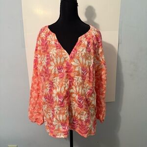Sigrid Olsen Orange and Pink Floral Blouse 100% linen